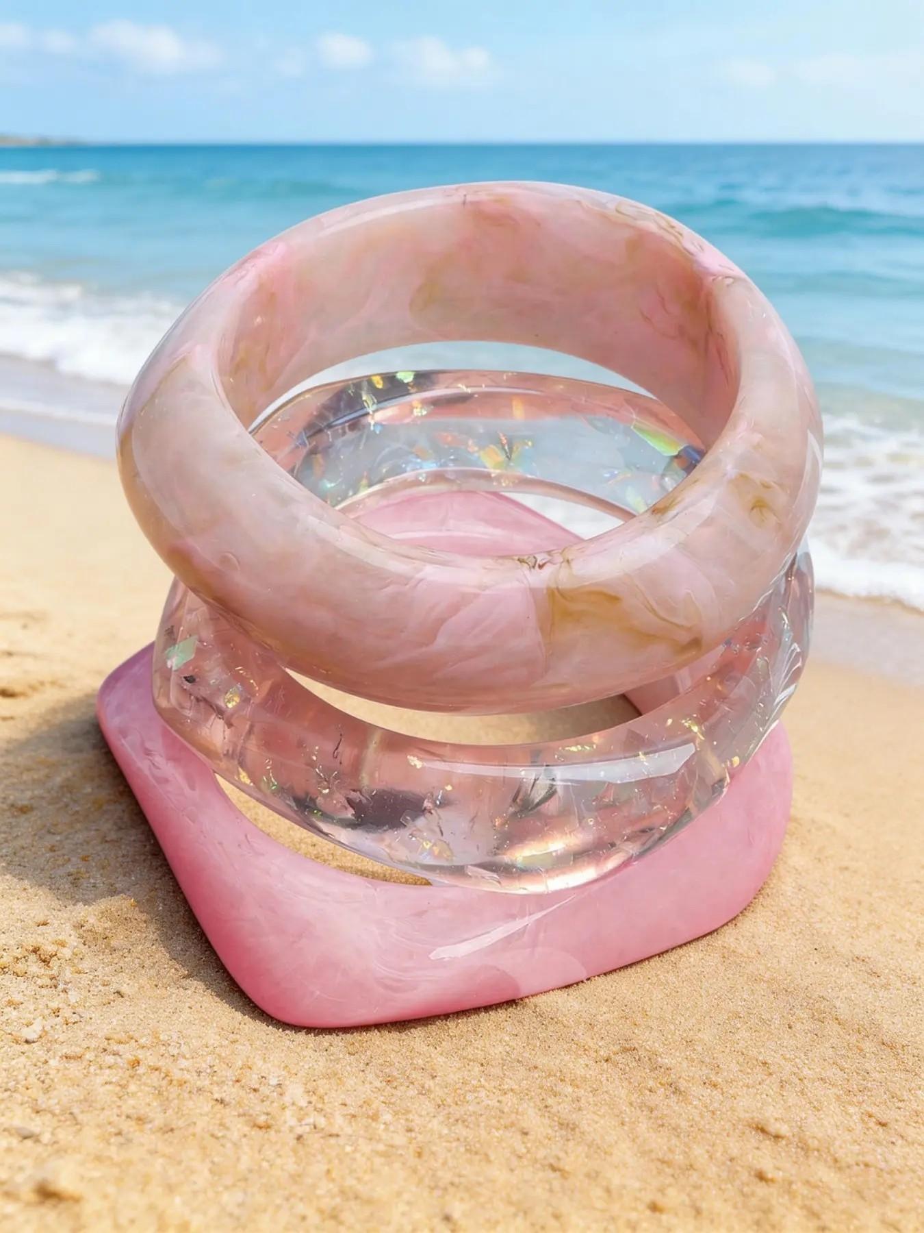 3pcs/Set Pink Acrylic Bracelet Set, Elegant Minimalist Dye Bangle Combination, Can Be Worn Alone Or Stacked, Suitable For Daily Wear And Vacation