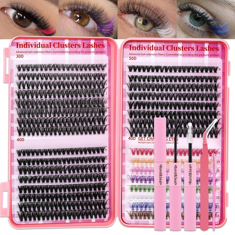 1920 PCS or 640 PCS D-Curl Lash Clusters Kit, DIY Eyelashes Kit, 8 Natural and Colorful Styles Lash Book with Bond and Seal, Brush Applicator, Headband and Wristband, Easy DIY Extensions for Daily Makeup