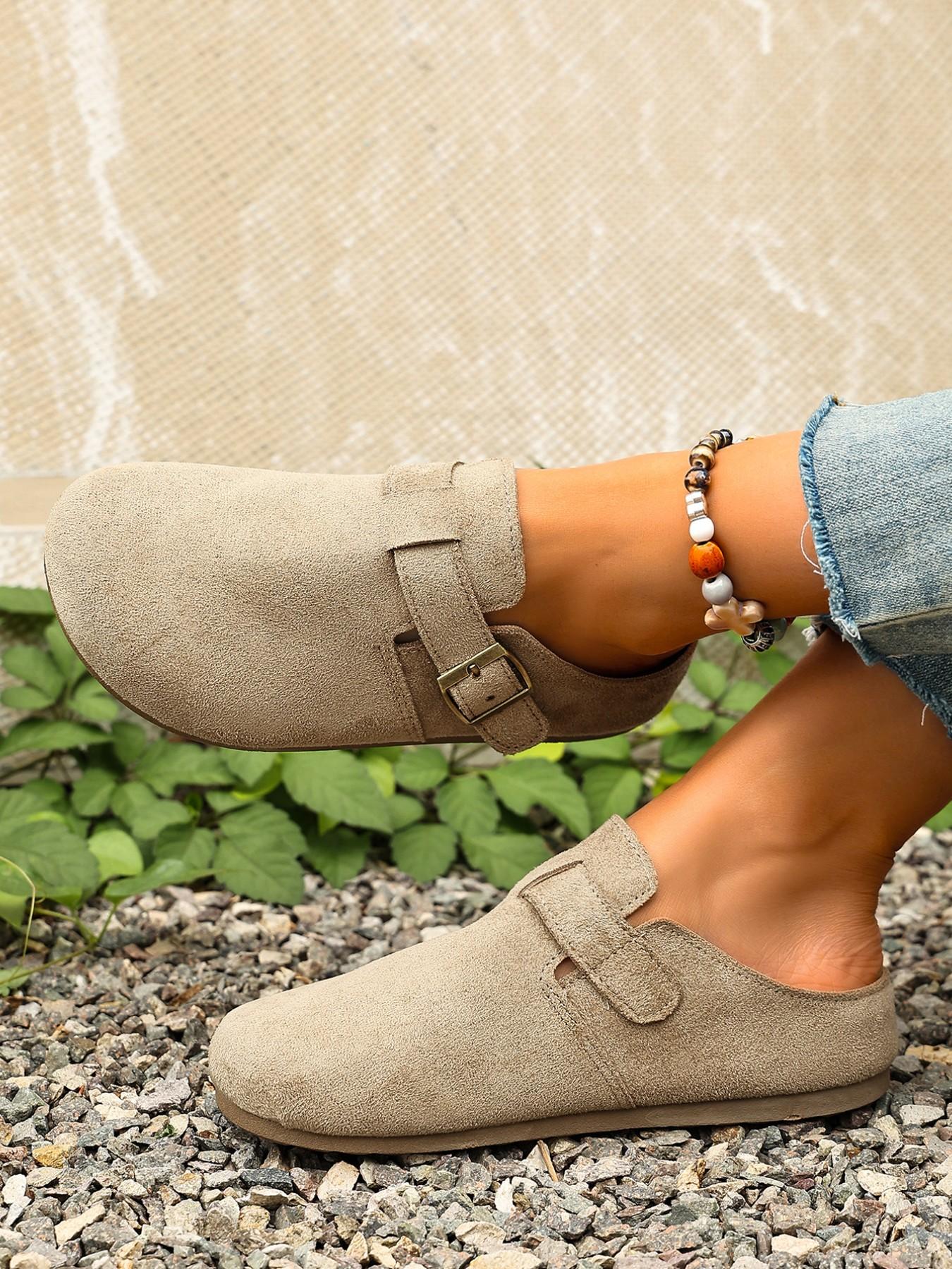 Women's 2026 Spring Summer New Velvet Slip-On Shoes, Wide Fit Comfortable Casual Flat Thick Soled Mules, Adjustable Antique Brass Buckle, Non-Slip Thick Sole