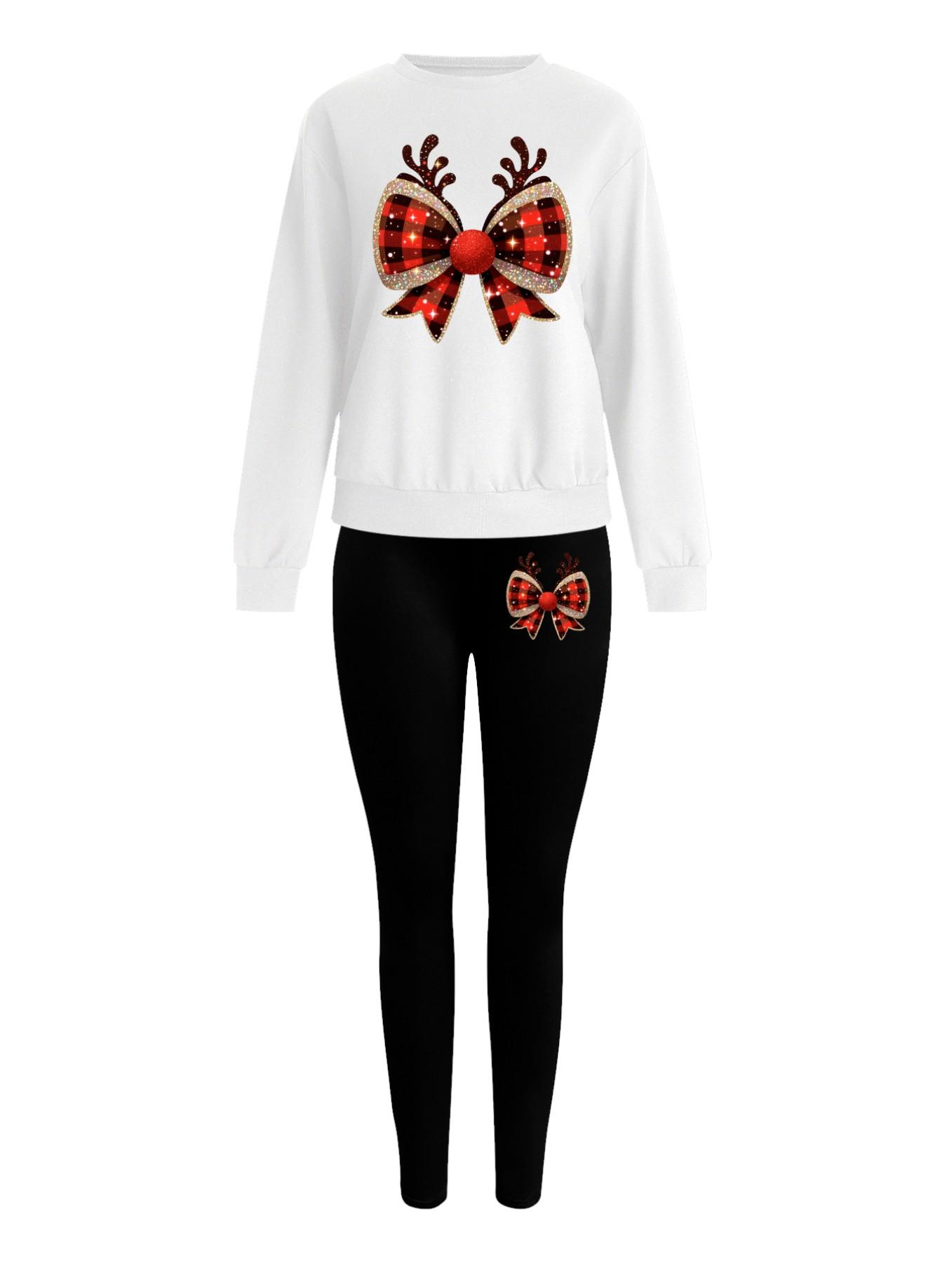 Women's Christmas Pattern Sweatshirt Set, Round Neck Long Sleeve Top, Fitted Pants, Casual Fall & Winter, Holiday Promotion