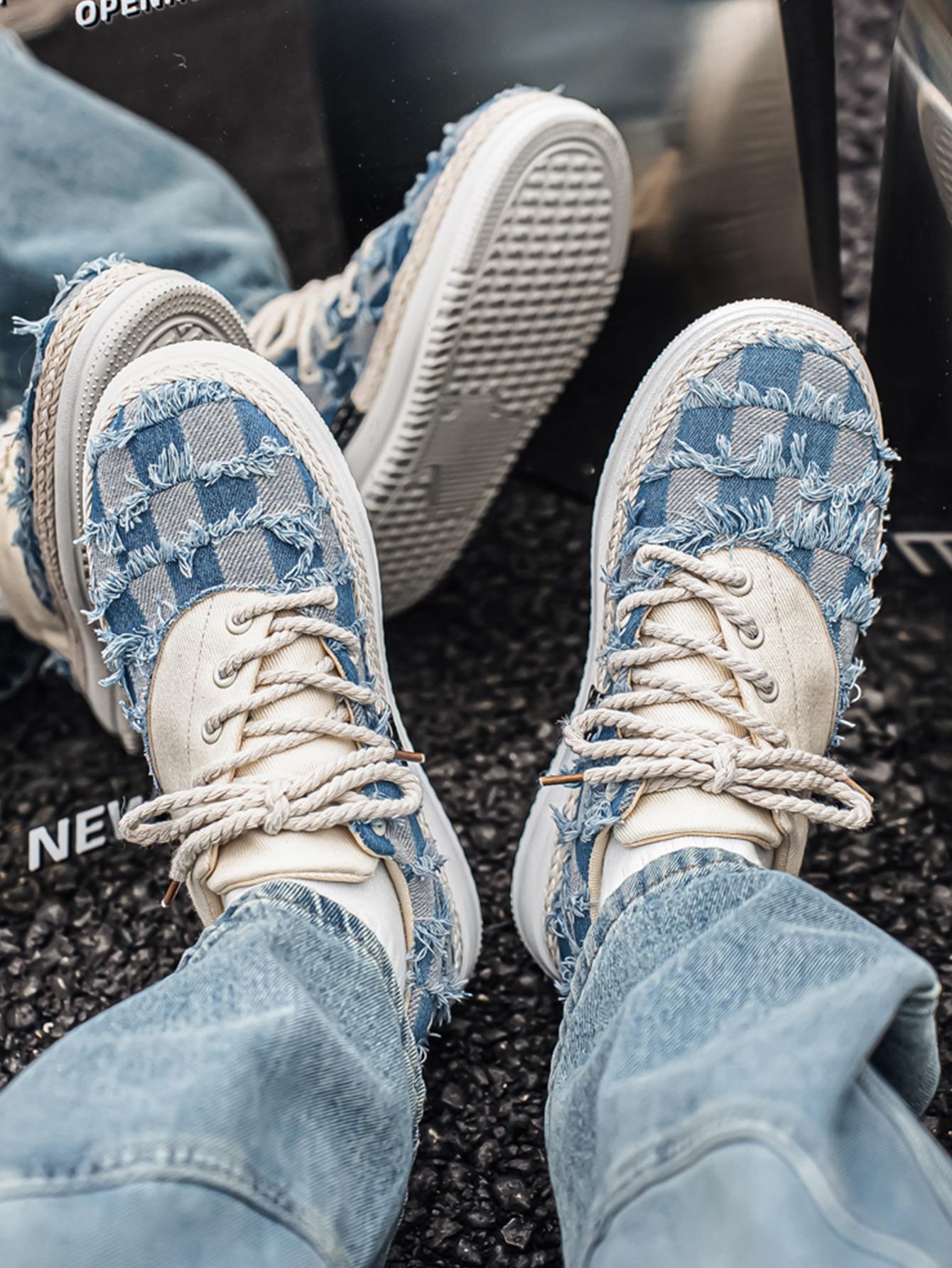 Summer New Men's Plaid Patchwork Hemp Rope Laces, Vintage Straw Trim Soft Elastic Thick Sole, Casual Checkered Shoes for Commute and Streetwear