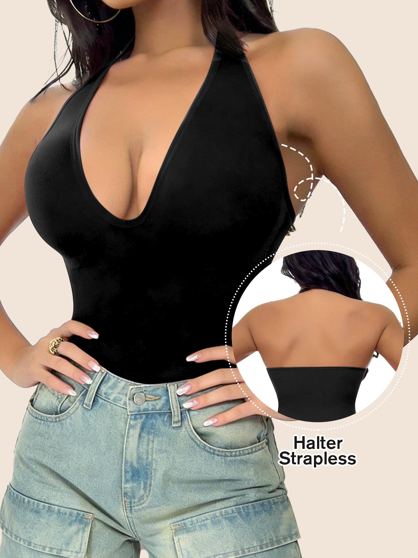 Women's Halter Neck Deep V Tummy Control Crisscross Halter Shapewear Tank Top Sexy Removable Straps Slim Fit For Dailywear All Seasons