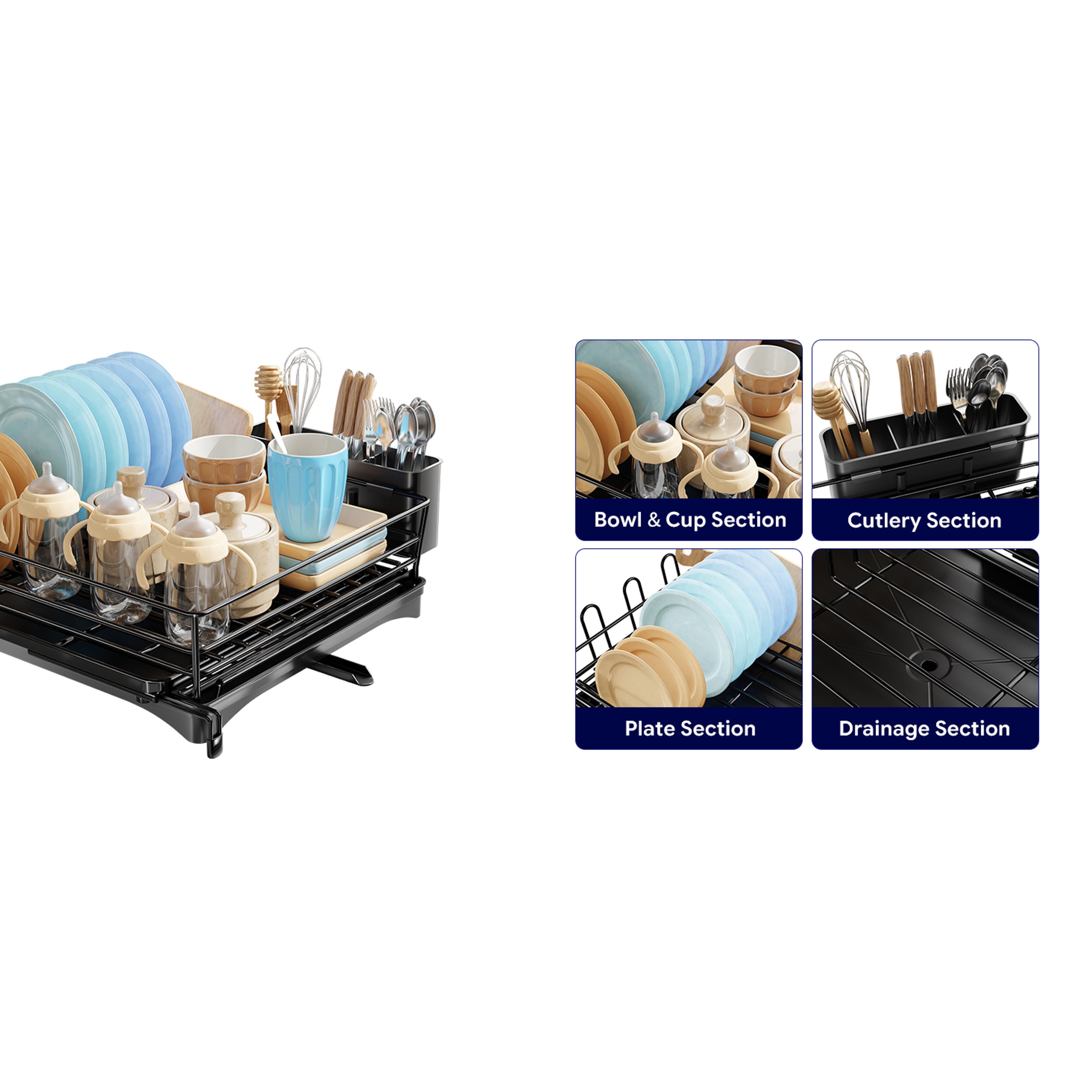 Dish Rack - Expandable Dish Drying Rack for Kitchen Counter, Large Capacity Dish Drainers, Stainless Steel Dish Strainer with Utensil & Cup Holders, Black