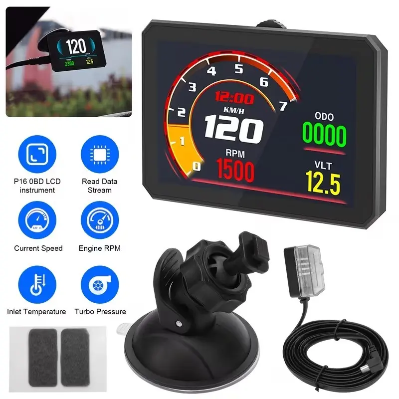 P16 Car Head-Up Display, Obdii Smart Speedometer with 360° Rotating Vacuum Mount, Rpm, Water Temp, Voltage, Engine Fault Alerts