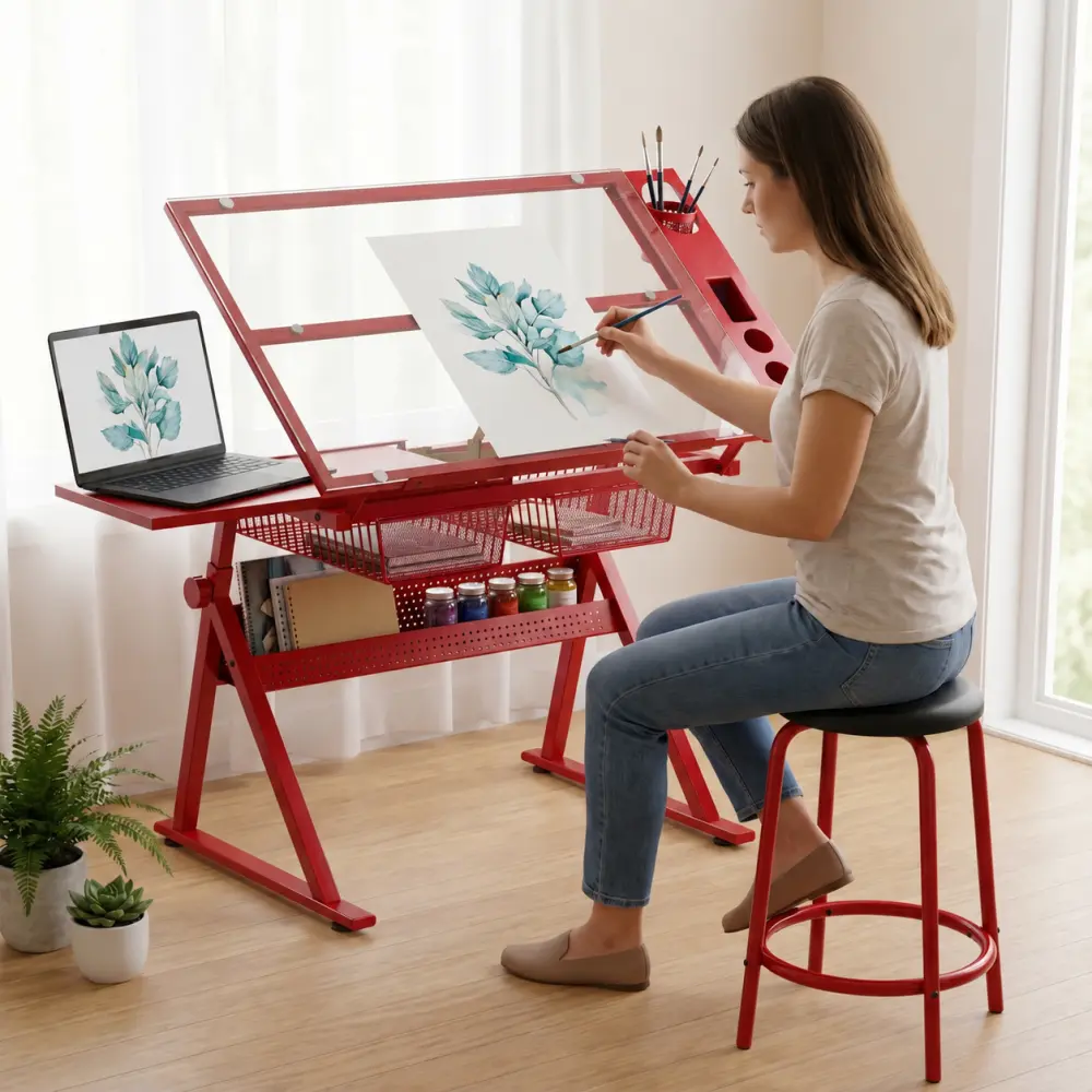 Red Adjustable Drafting Table with Tempered Glass Top & Chair, Tilting Art Desk, Drawing & Printing Table, Artist Workstation, Craft Table with Adjustable Angle, Home Office Studio Desk for Artists, Designers & Students