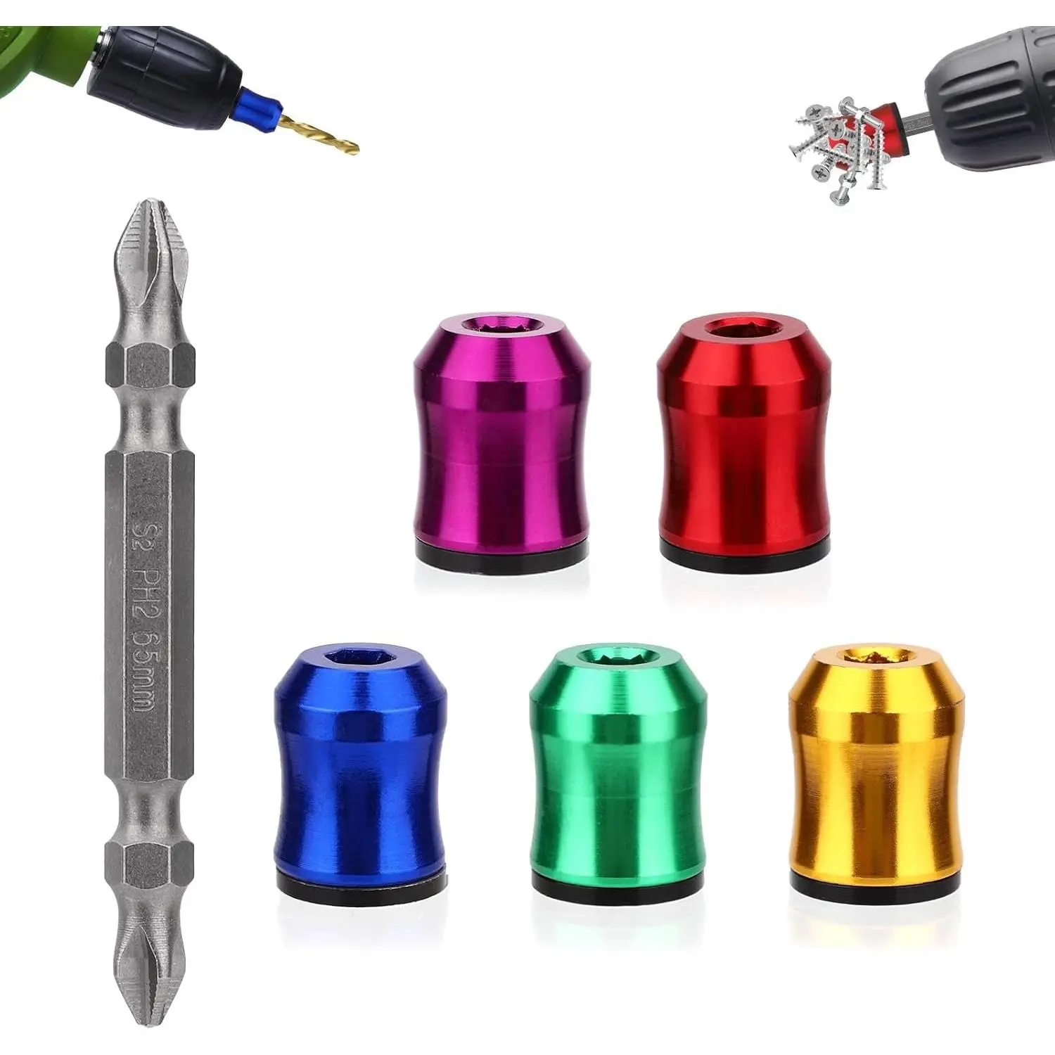 5pcs Strong Magnetic Screw Rings, Screwdriver Head Magnetic Ring with Non-Slip Design Include Double-Ended Screwdriver Bit Holder for Drill Tool Woodworking Maintenance Household Repairs