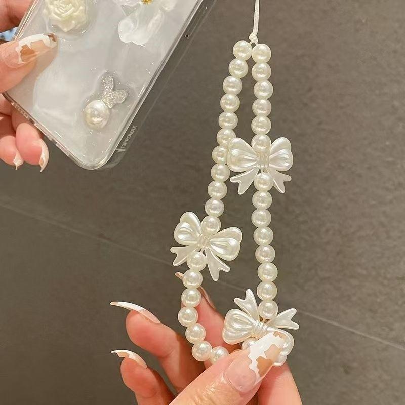 Sweet Cool Bow Beaded Phone Strap Short Fashion Bead Phone Chain Anti-Drop Prevent Falling, Stylish Mobile Accessory