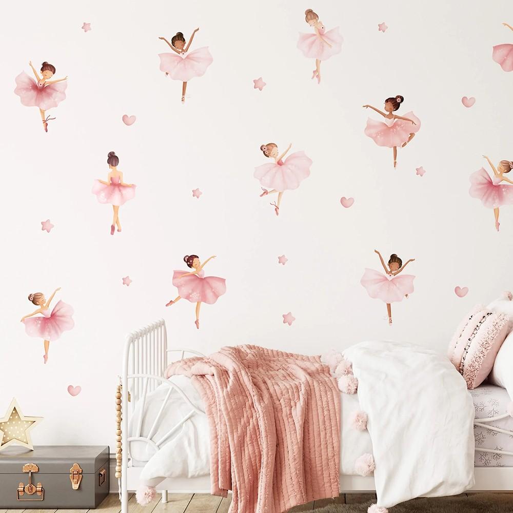 Watercolor Ballerina Fairy  Wall Stickers Heart Star Dancer Wall Decals Bedroom Living Room Decor