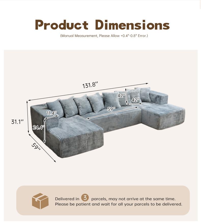 132'' U-Shape Modular Sectional Couch – Boneless Compressed Corduroy Sectional, Modern Convertible Sleeper Sofa for Living Room, Space-Efficient Corduroy Sectional (3 Packages Shipping)