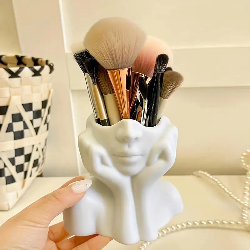 Face-Shaped Makeup Brush Holder - White Vanity Organizer with Eyebrow Pencil Slots, Portable & No Assembly Needed for Desk/Bathroom, Makeup Tool Organizer, Beauty Supplies Organizer