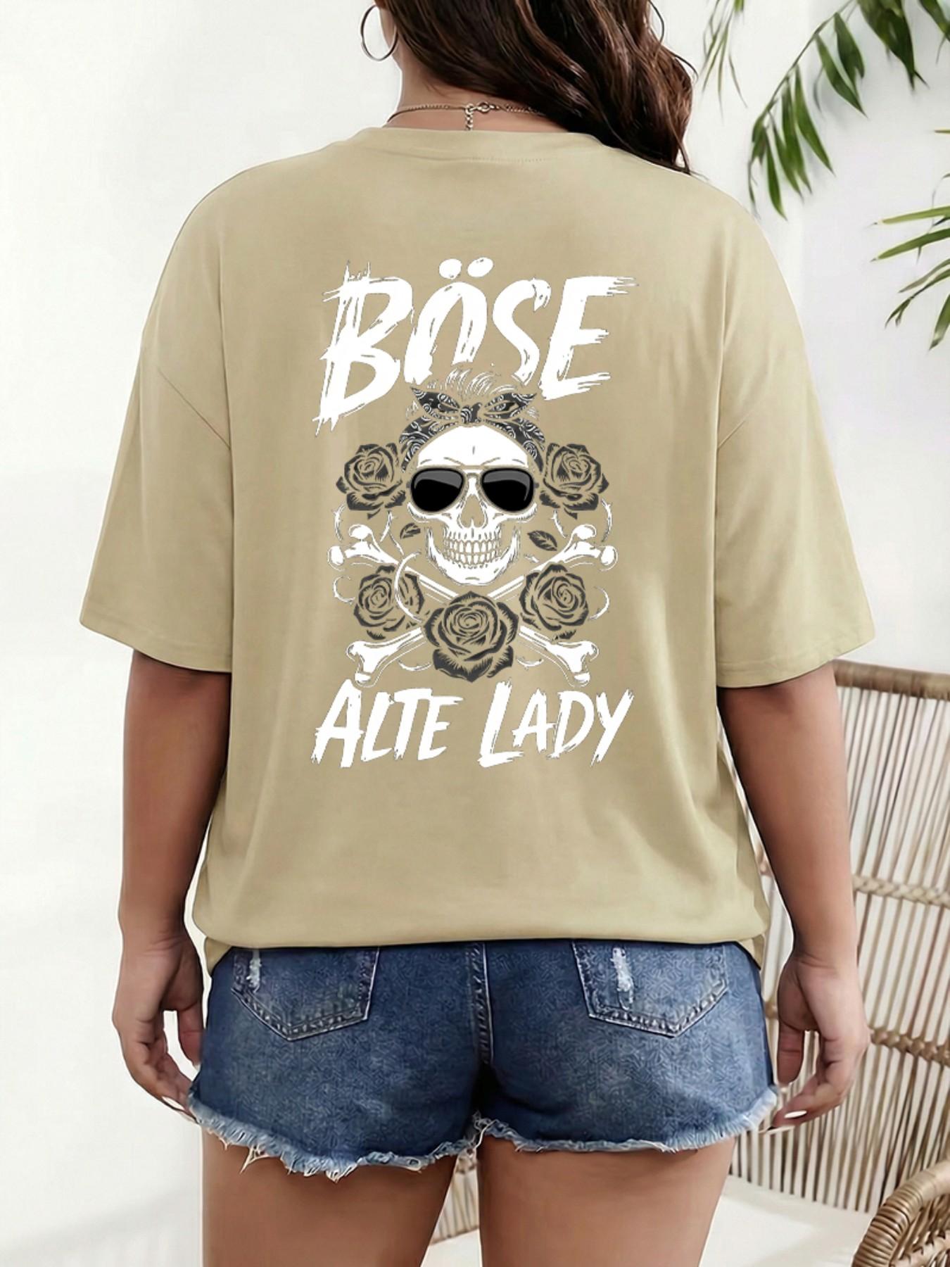 German Retro Design Böse Alte Lady Skull Rose Print Plus Size T-Shirt, Loose Shoulder Pure Cotton Short Sleeve, Casual Summer Top