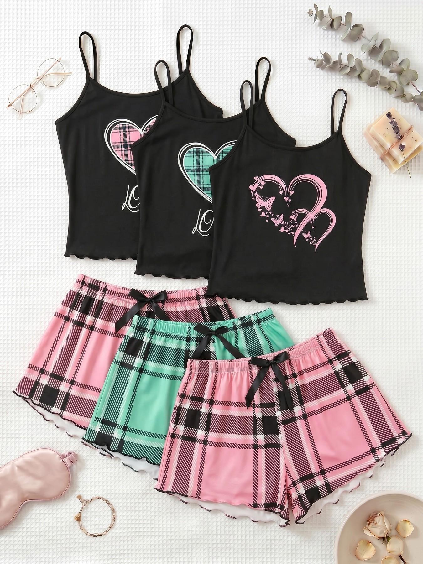3-Piece Set, Plaid Heart Print Spaghetti Strap Tank Top & Shorts Pajamas, Trim Ruffle Design, Sweet Cool Girl Style, Breathable Home Sleepwear, Feminine, Love