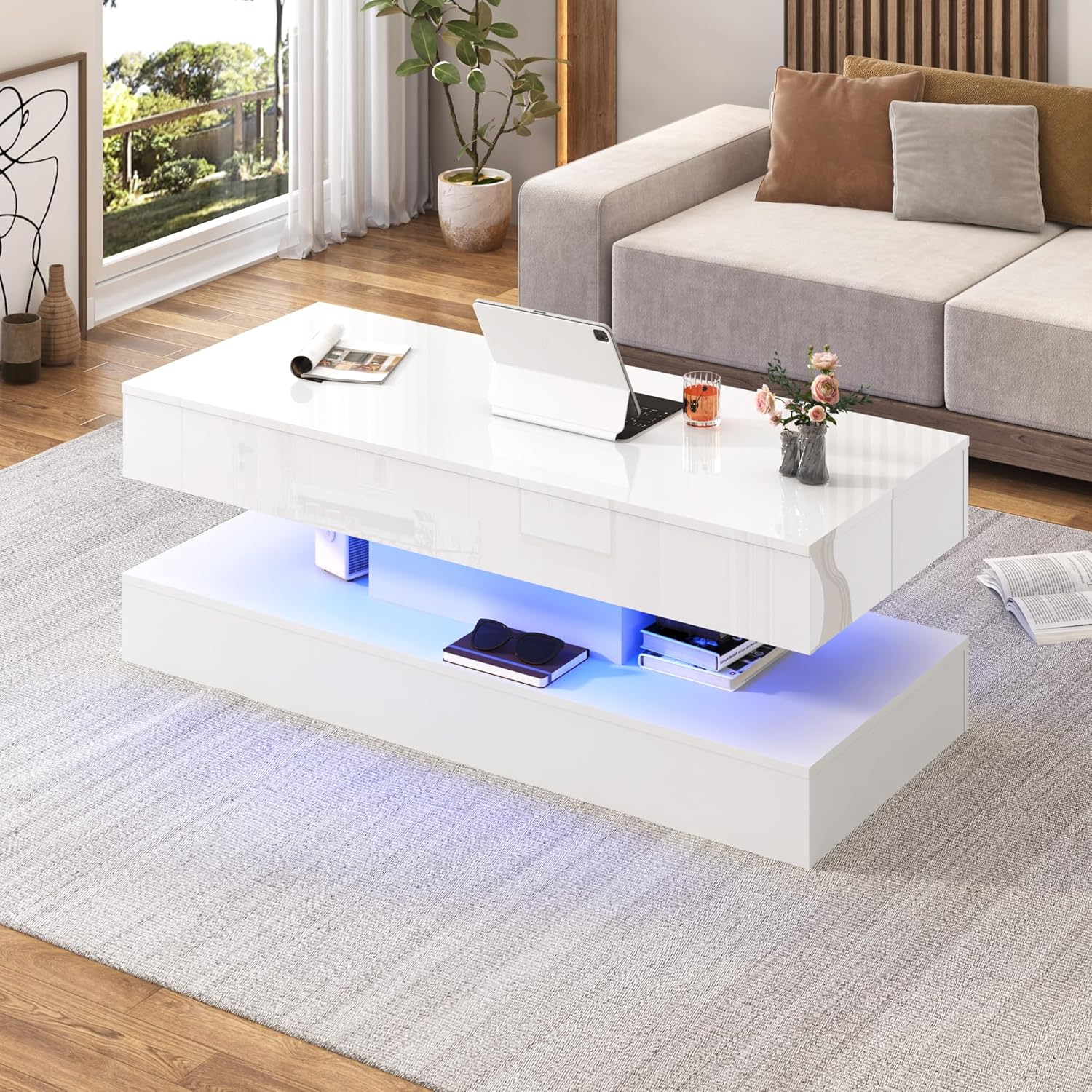 47.2"/39.4" Large Lift Top Coffee Table,Modern High Glossy LED Coffee Tables for Living Room with Storage Drawer,White Living Room Tables for Livingroom,Dining Room,Bedroom Home Office(White/Marbling White)