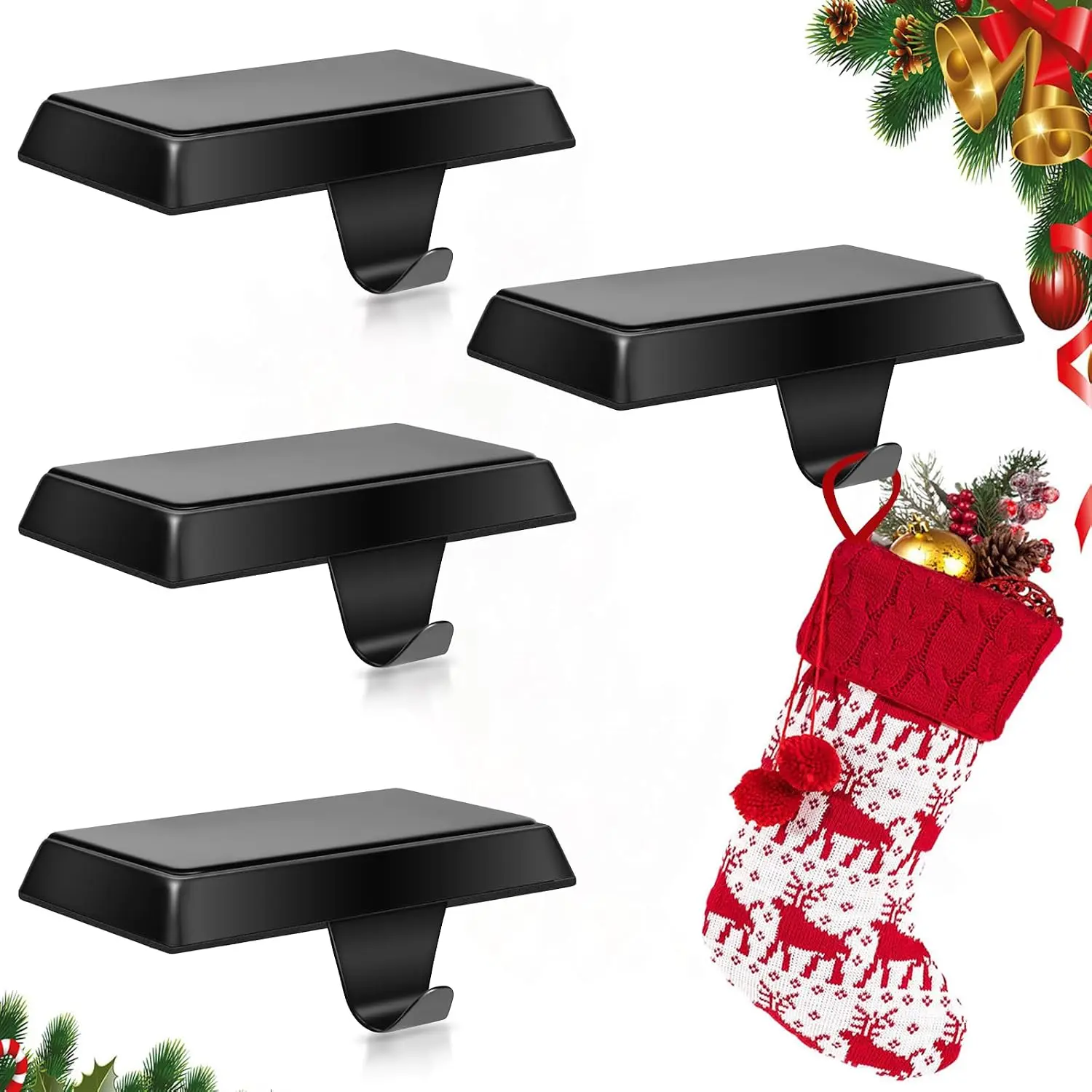 Set of 4 Metal Christmas Stocking Holders for Mantle Heavy Duty Stocking Hangers Stocking Hook Christmas Ornaments for Counter Tables Window Fireplace Mantle Decoration(Black)