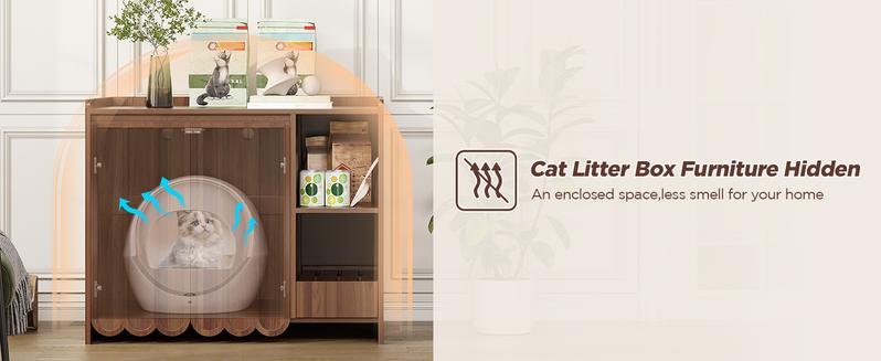 Vabches Large Cat Litter Box Enclosure, Hidden Litter Box Furniture with Removable Litter Collector & Dog-Proof Shelf, Modern Wooden Cat Litter Box Cabinet, Cat House, Side Table