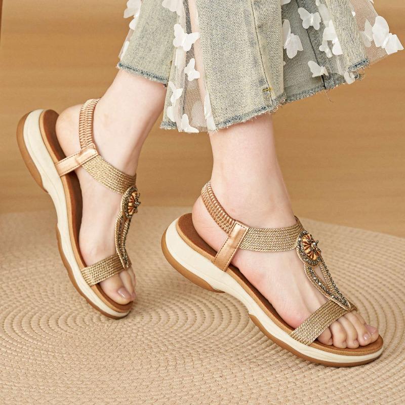 Women’s Boho Beaded T-Strap Sandals, Elastic Slingback Non-Slip TPR Soft Platform Summer Daily Beach Sandals