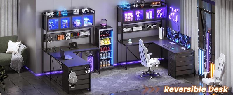 Sikaic 62 Inches LED Reversible L Shaped Gaming Desk With Power Outlet Storage Drawers Hutch and Pegboard Furniture Computer Chair Dual Monitor Stand