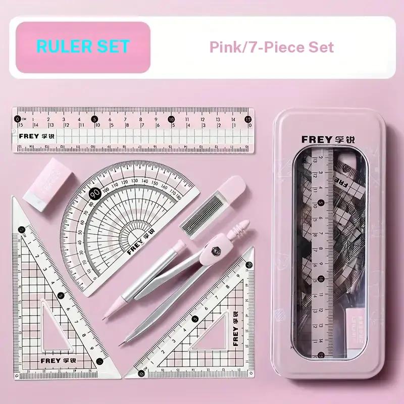 Ruler Set with Storage Box, Measuring Ruler, 7 Counts/set Including Compass & Ruler & Protractor & Eraser & Refill, Stationery Supplies for School Students Dormitory Home Office
