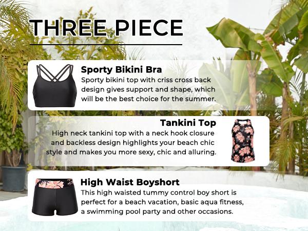 Tempt Me Three Piece Swimsuit for Women Tankini Bathing Suit Modest High Neck Tank Tops Swimwear with Shorts