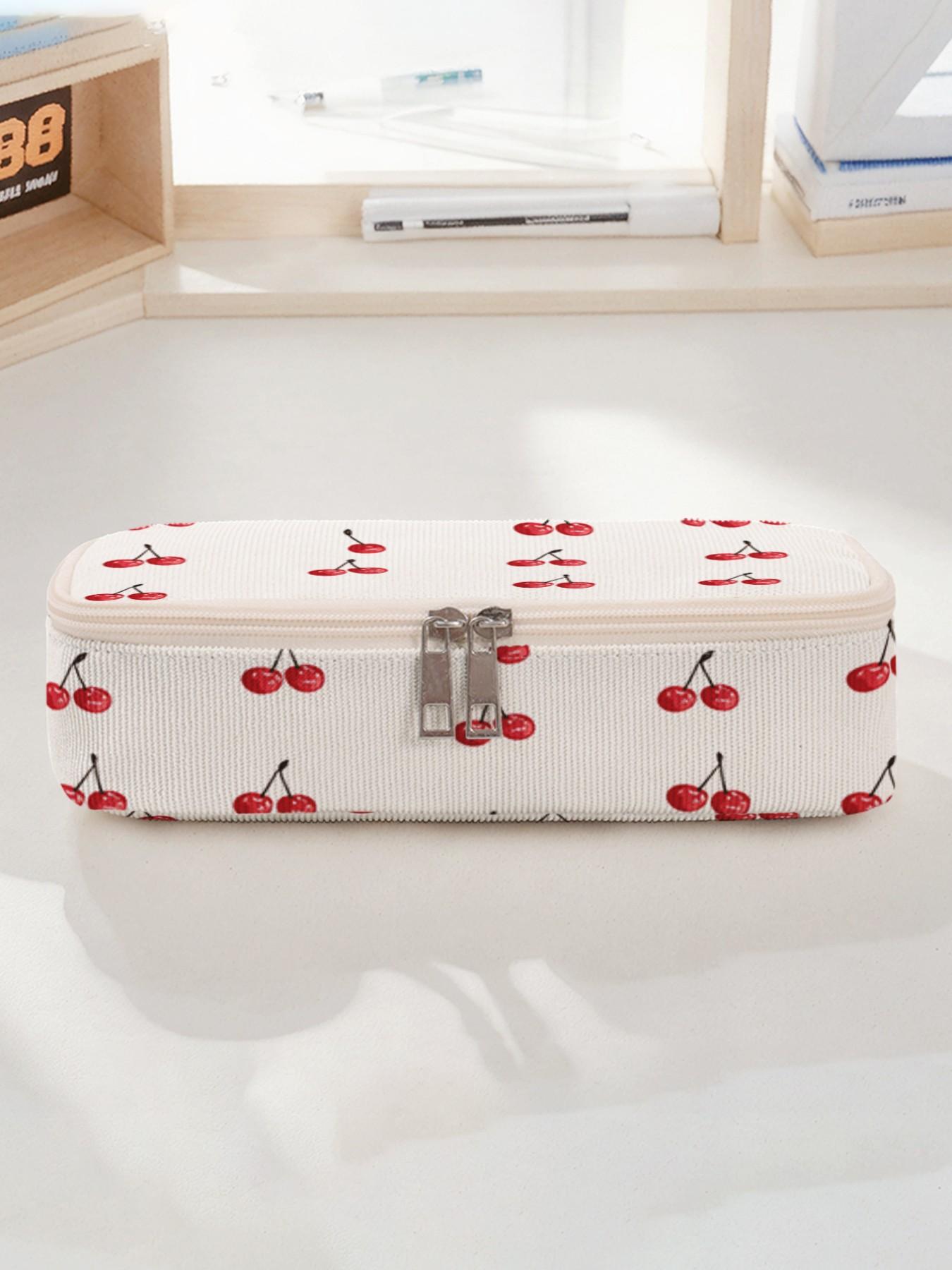 Cherry Pattern Large Capacity Pencil Case, Durable Multi-Functional Storage Bag, Portable Zipper Box for School Office Study Supplies