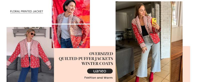 UANEO Women's Vintage Y2K Cropped Floral Quilted Jacket Printed Casual Lightweight Open Front Padded Puffer Coat | TikTokShopBlackFriday Christmas