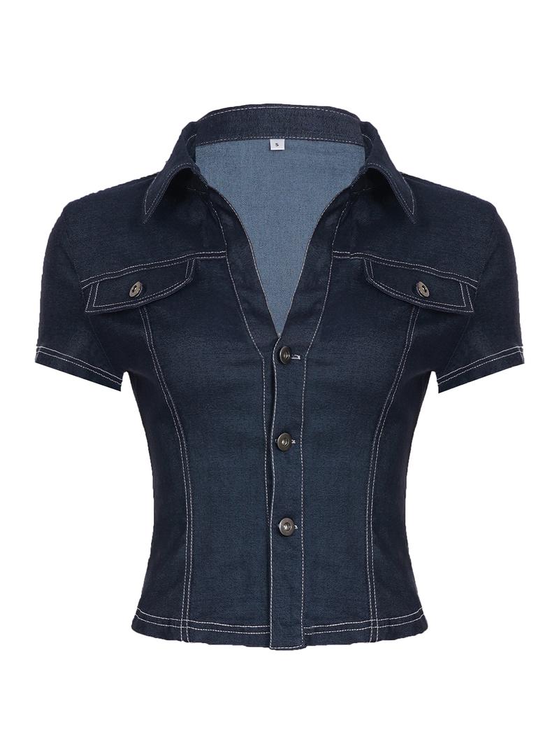 Women's Denim-effect Print Shirt, Casual Short Sleeve Top for Daily Wear, Ladies Clothes for All Seasons