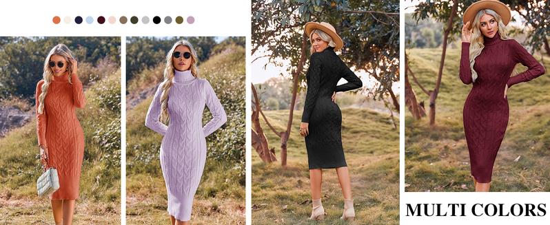 Imily Bela Womens Long Sleeve Turtleneck Sweater Dresses Knitted Bodycon Midi Sheath Jumper Dresses