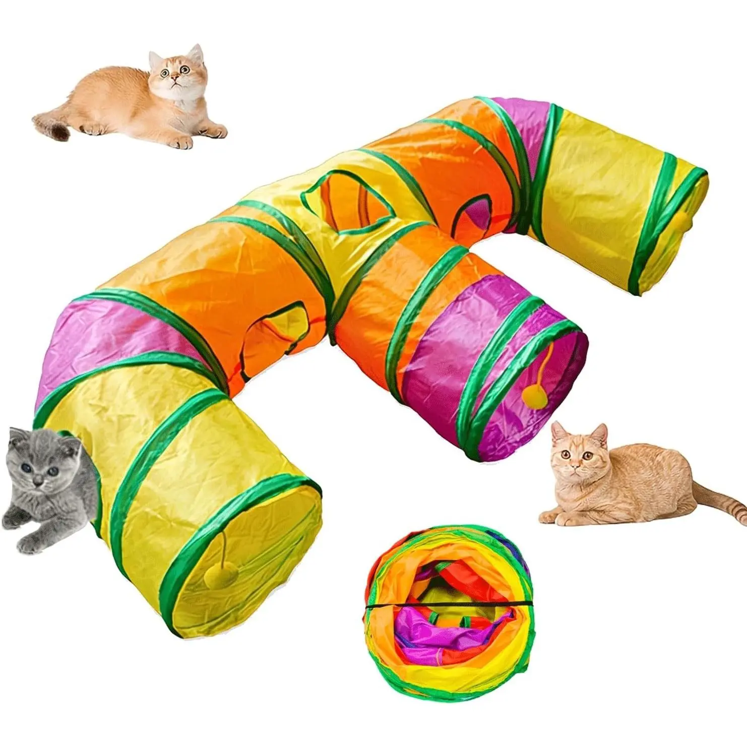 3 Way Collapsible Cat Tunnels with Interactive Ball, E Shape Folded Pet Tube Toy for Indoor Cats, Puppy, Kitty, Kitten, Rabbit