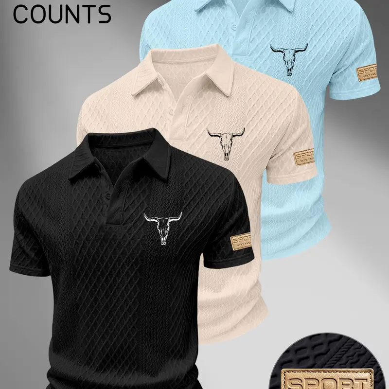 Men's Textured Bull Print Polo Shirt, Summer Breathable Business Commute Sport Short Sleeve, Lightweight Mature Fit Collar T-Shirt, Sporty Polo Shirts