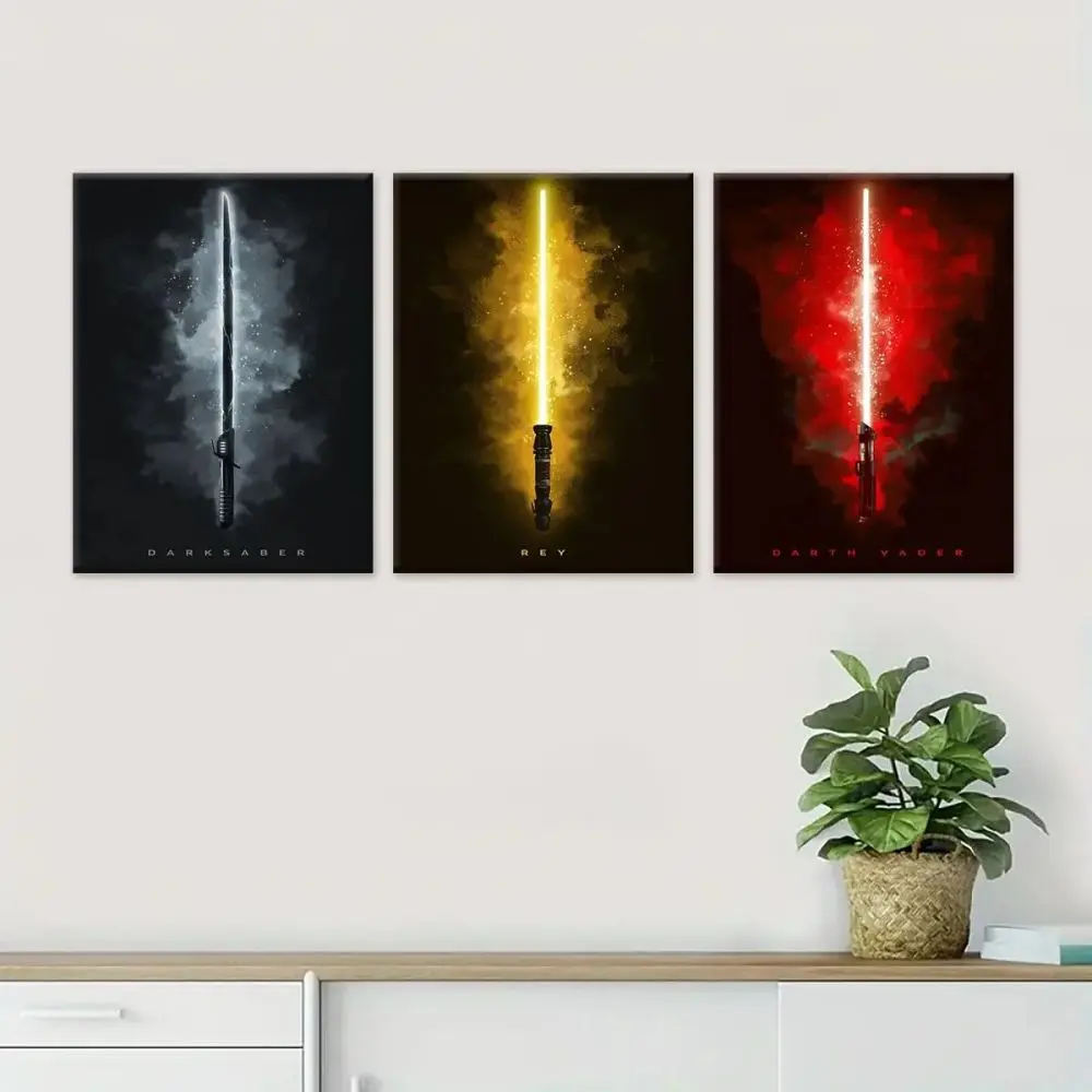Star Wars Lightsaber 3 Piece Wall Art Darth Vader Darksaber Canvas Decor Sci-Fi Movie Gamer Room Poster Set