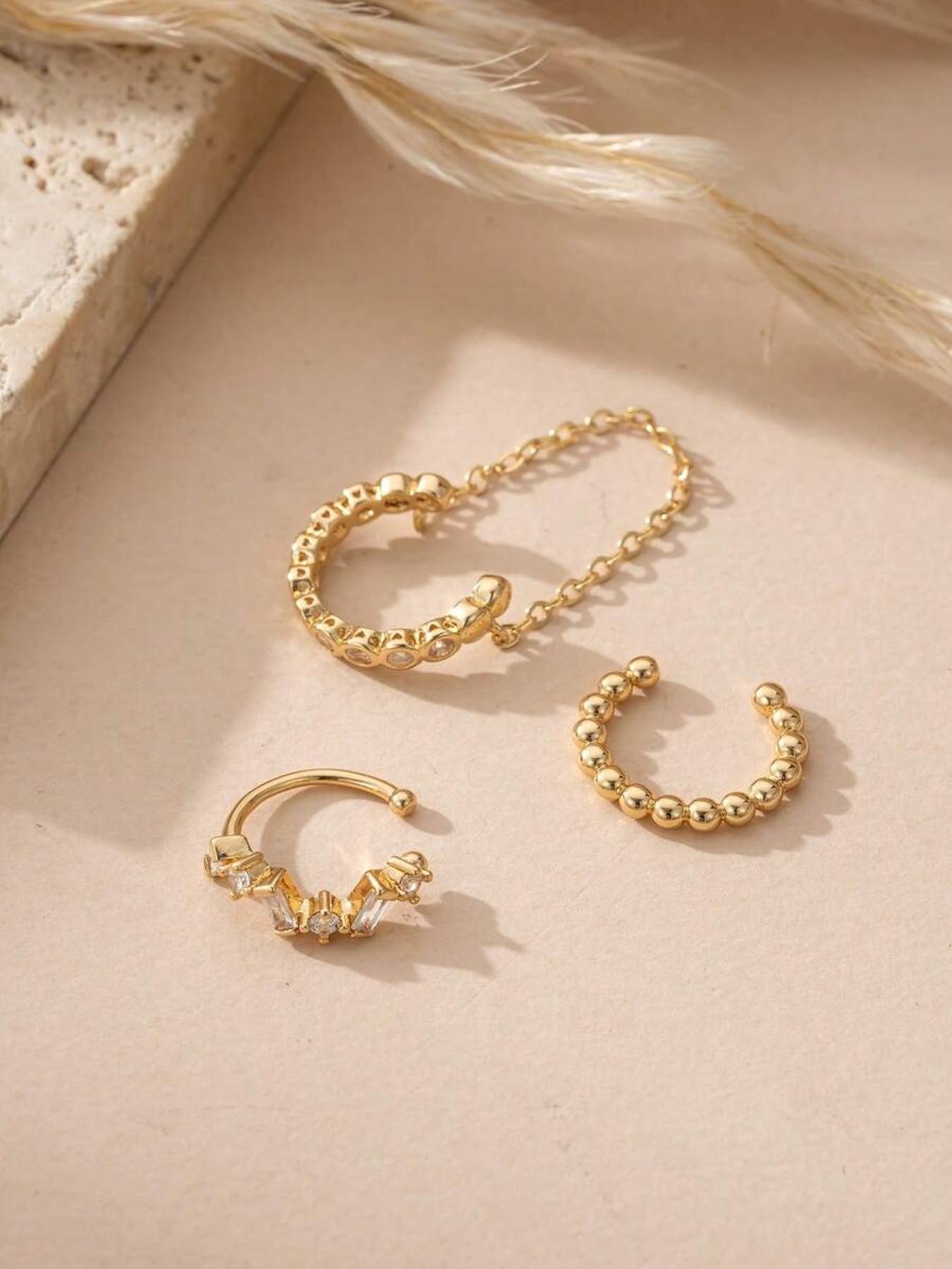 3pcs Shiny Sleek Appearance Cubic Zirconia Copper Chain Clip Earrings Set, Multi-Layer Stacking Earrings for Women, Ideal for Daily, Date, Party Wear