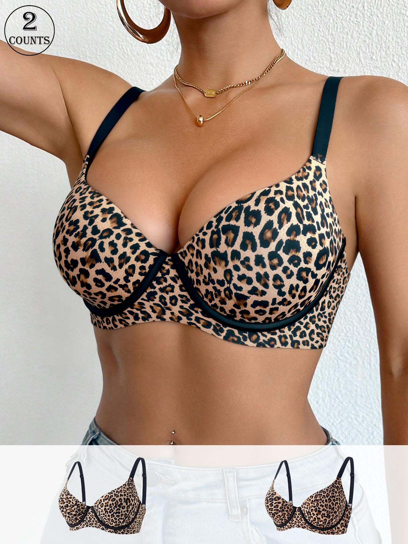 2 Piece Women's Leopard Print Push-Up Bra – Underwire with Non-Removable Padding, Thin Adjustable Straps – Multi-Tone Leopard Patterns – Suitable for Daily/Date/Commute & More Scenarios