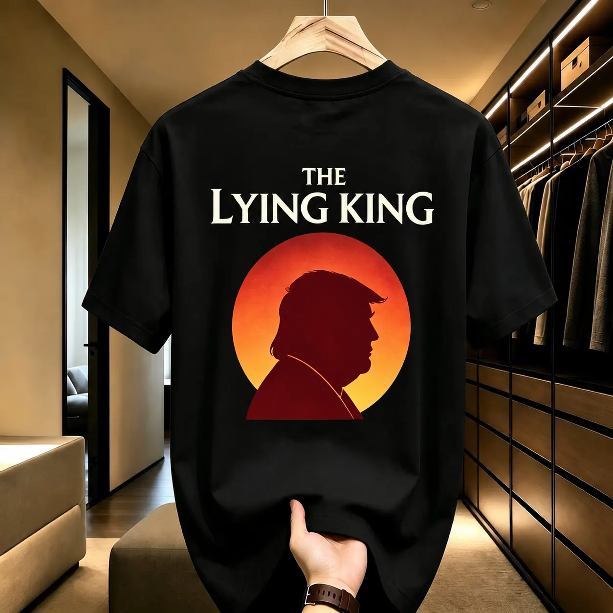 100% Cotton Graphic Printed T-Shirt, The Lying King Political Humor Tee for Men Women, Conservative Sarcastic Casual Top, Election Rally Short Sleeve Shirt, Gift for Republican Supporters