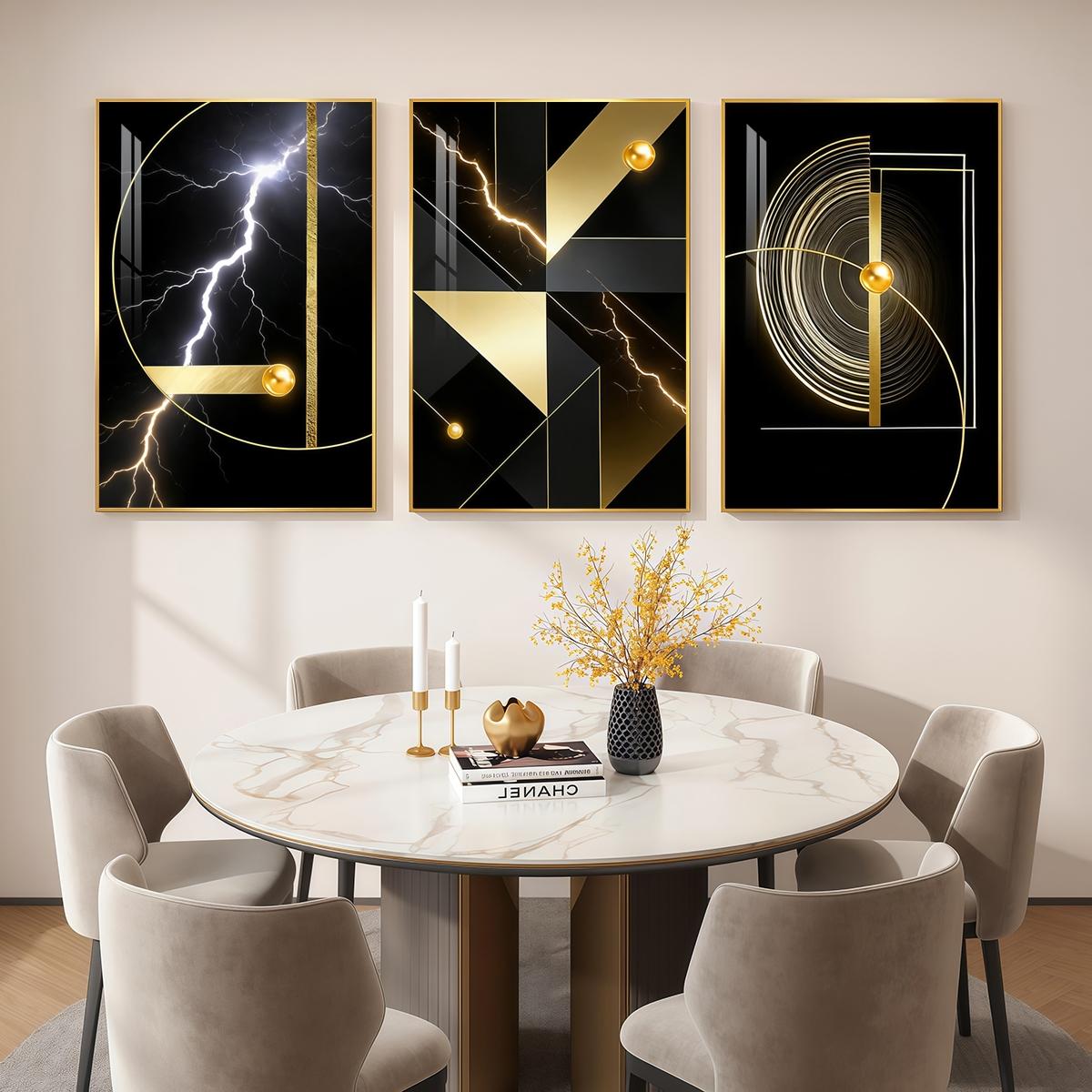 3 Counts Aluminum Alloy Framed Painting, Abstract Golden Geometric Lightning Art Pictures, Home Decoration For Living Room, Bedroom, Office, Restaurant, Hallway Wall Decor, Odorless Print Artwork, Luxury Perfect Gift For Friends And Family
