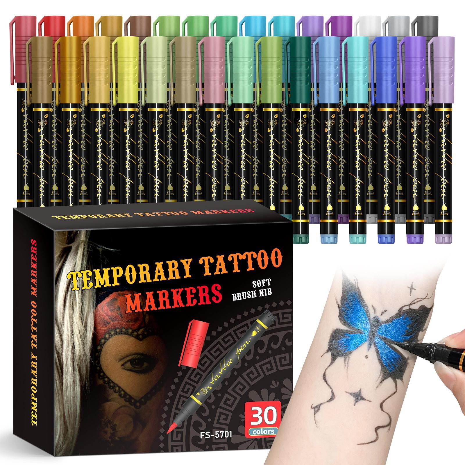 Temporary Tattoo Markers for Skin, 10/15/30 Count Body Markers, Flexible Brush Tip, Bright Colors, High Pigment, Face Paint Kit, Christmas Gifts