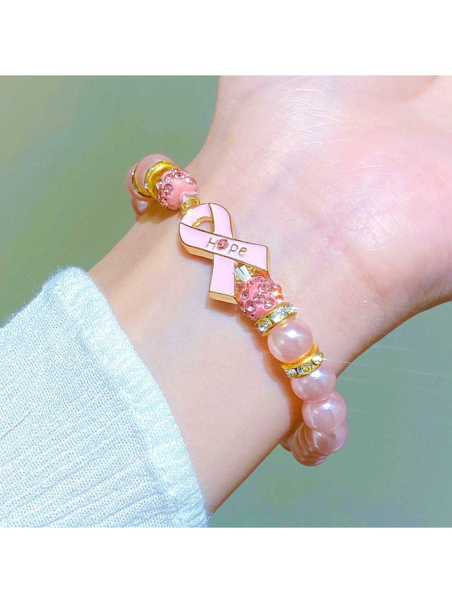 Ribbon Breast Cancer Awareness Faux Pearl & Rhinestone Beaded Bracelet, Ideal for Everyday Use or Special Occasions