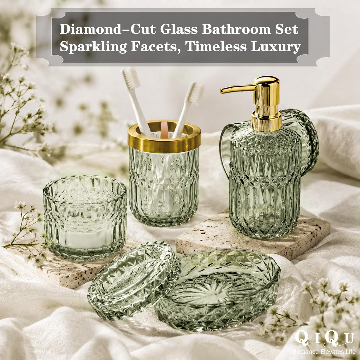 Green Bathroom Accessories Set, 5 count Clear Glass Green Accessories with Lotion Soap Dispenser, Soap Dish,  Holder, Tumbler,  Swab Jar, Modern Bathroom Decor
