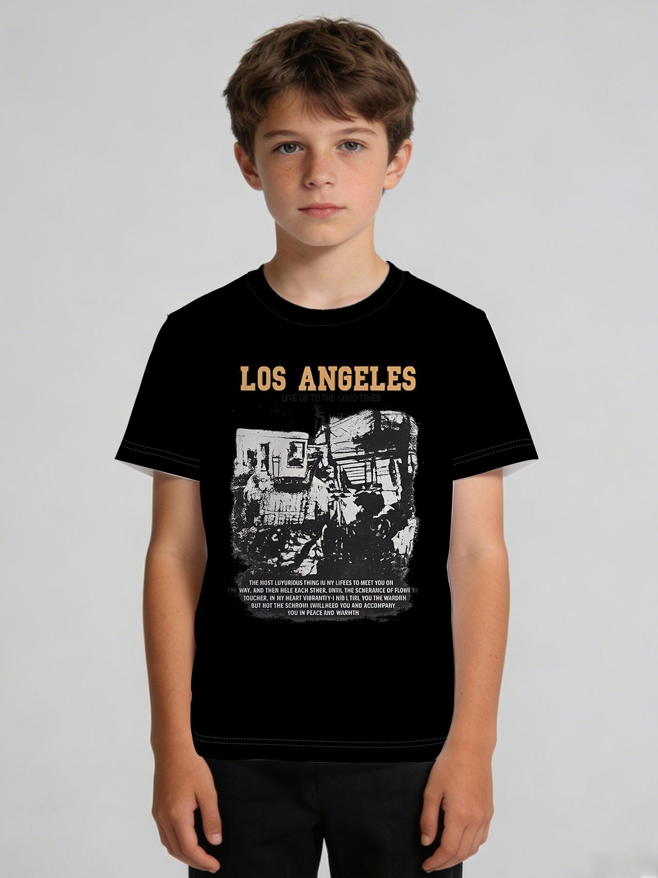 Boys' American-style short-sleeved shirt "Los Angeles Streetwear Tour Edition" features a vintage city streetscape + LOS ANGELES slogan print, a cool black crew neck design, making it a standout for street-style kids' outfits and outdoor outings