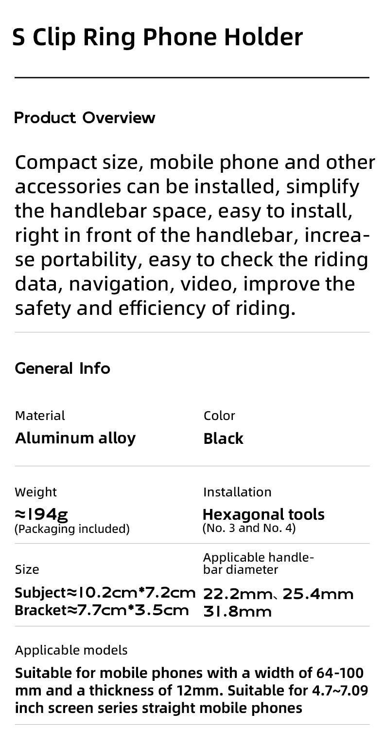 ROCKBROS S Shaped Bicycle Phone Holder Aluminum Alloy Adjustable Bike Mobile Phone Stand Bracket Mechanical Locking Cycling Mount for Cell Phone 4.7-7 inch