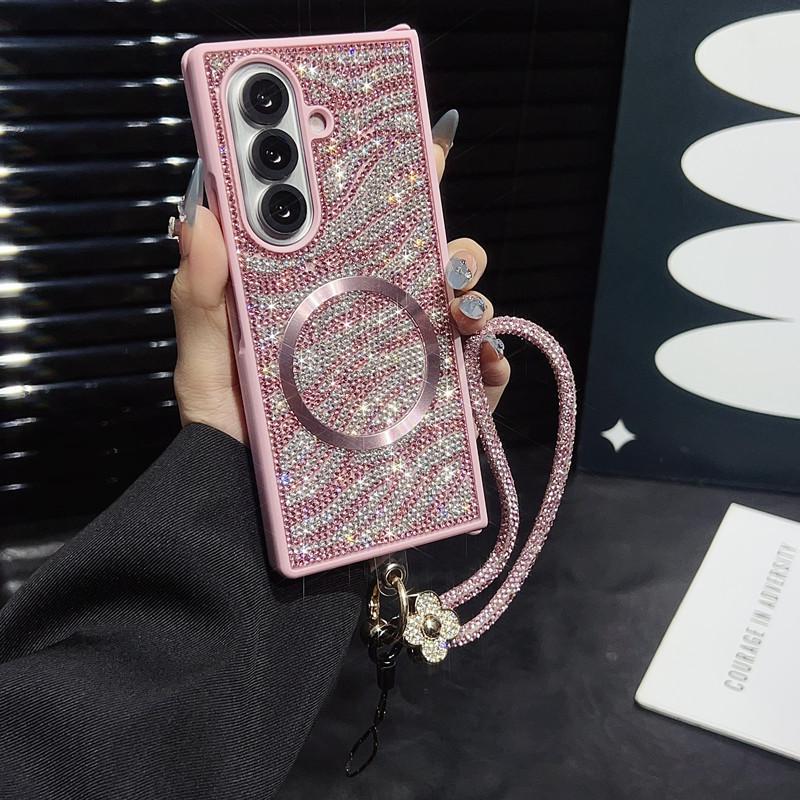 Compatible with Z Fold7/Z Fold6/Z Fold5/Z Fold4/Z Fold3 | Rhinestone Magnetic Lanyard Full Wrap Shockproof Large Fold Phone Case HNZ0483