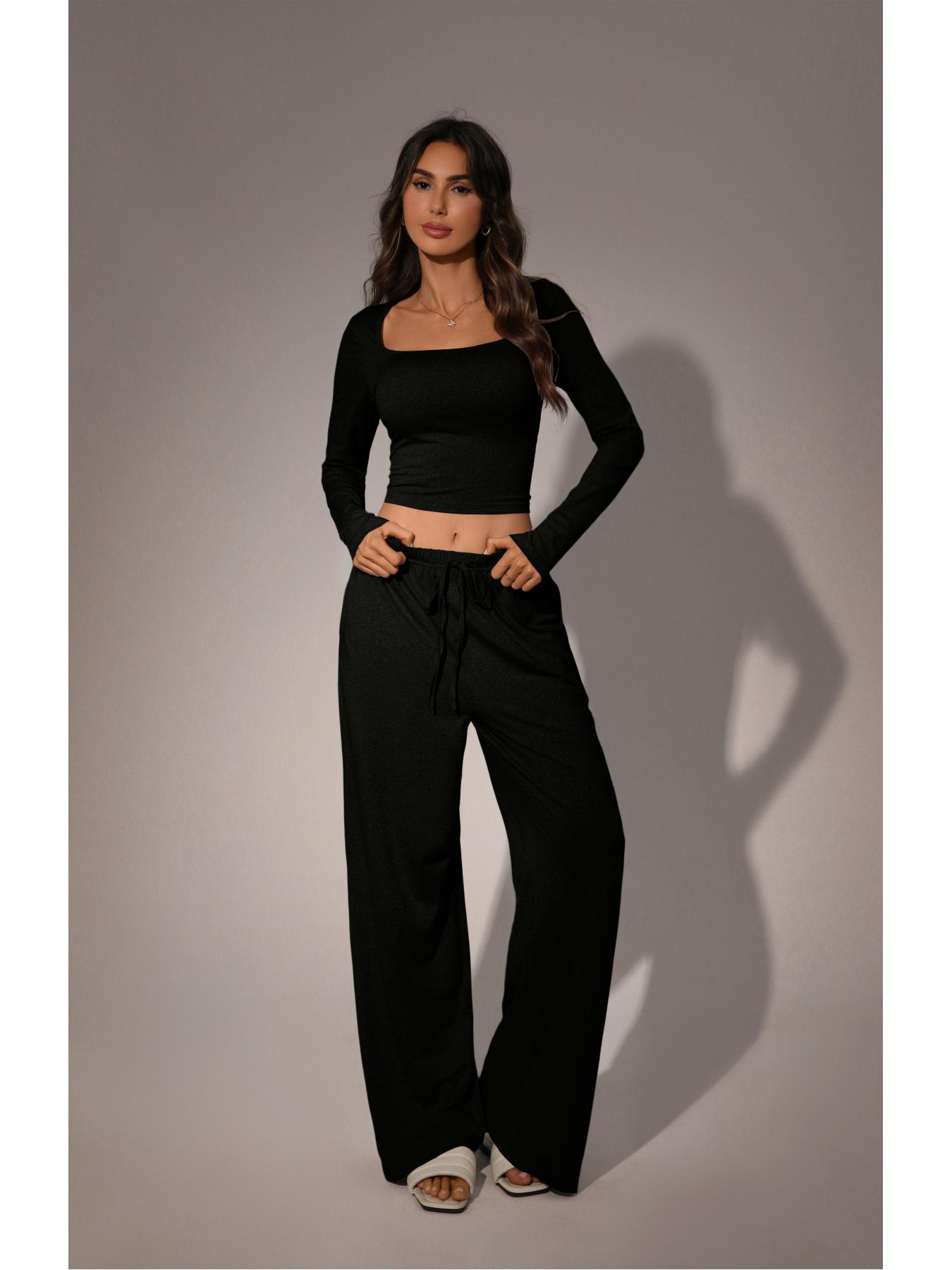 Women's Long Sleeve Square Neck Loungewear Set, Casual Loose Fit Home Wear, All Seasons Comfortable Fabric, 2026 New Arrival