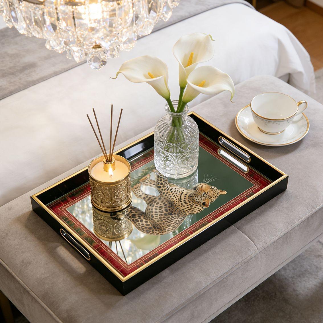 American Style Luxury Retro Leopard Print Tray, Rectangular Tea Tray with Handles, Living Room Decor Storage Dish, Elegant Home Accessory