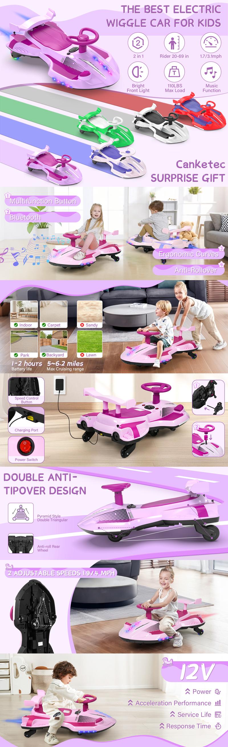 12V Electric Wiggle Car with Pedal, 2 in 1 Wiggle Car Ride On Toys for Kids Ages 3 and Up, Anti-Rollover Flashing Wheels, Bluetooth, Music