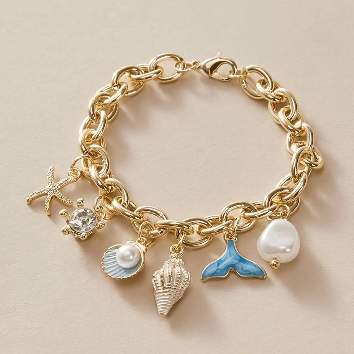 Gold Plated Charm Bracelet for Women, Coastal Ocean Style with Starfish, Shell & Mermaid Charms, Stackable Beach Vacation Jewelry Gift, Ocean Style Bracelet, Nautical, Female, Starfish Charm