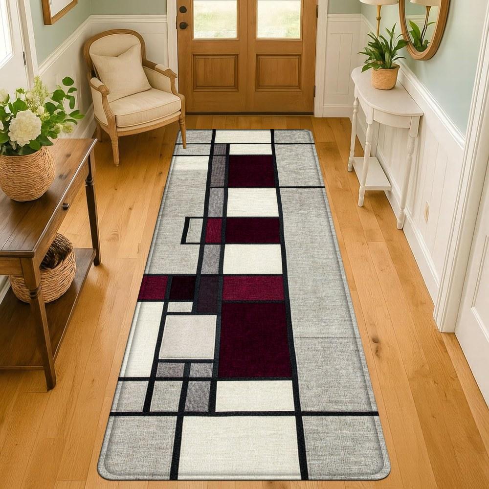 1PC， Black Red Gray Geometric Splicing Patterned strip rugs, home décor, bathroom mats, entryway mats, bathroom non-slip mats, indoor entrance rugs, bedroom bedside mats, kitchen mats, hallway rugs, flannel sponge rugs, hallway runner rugs