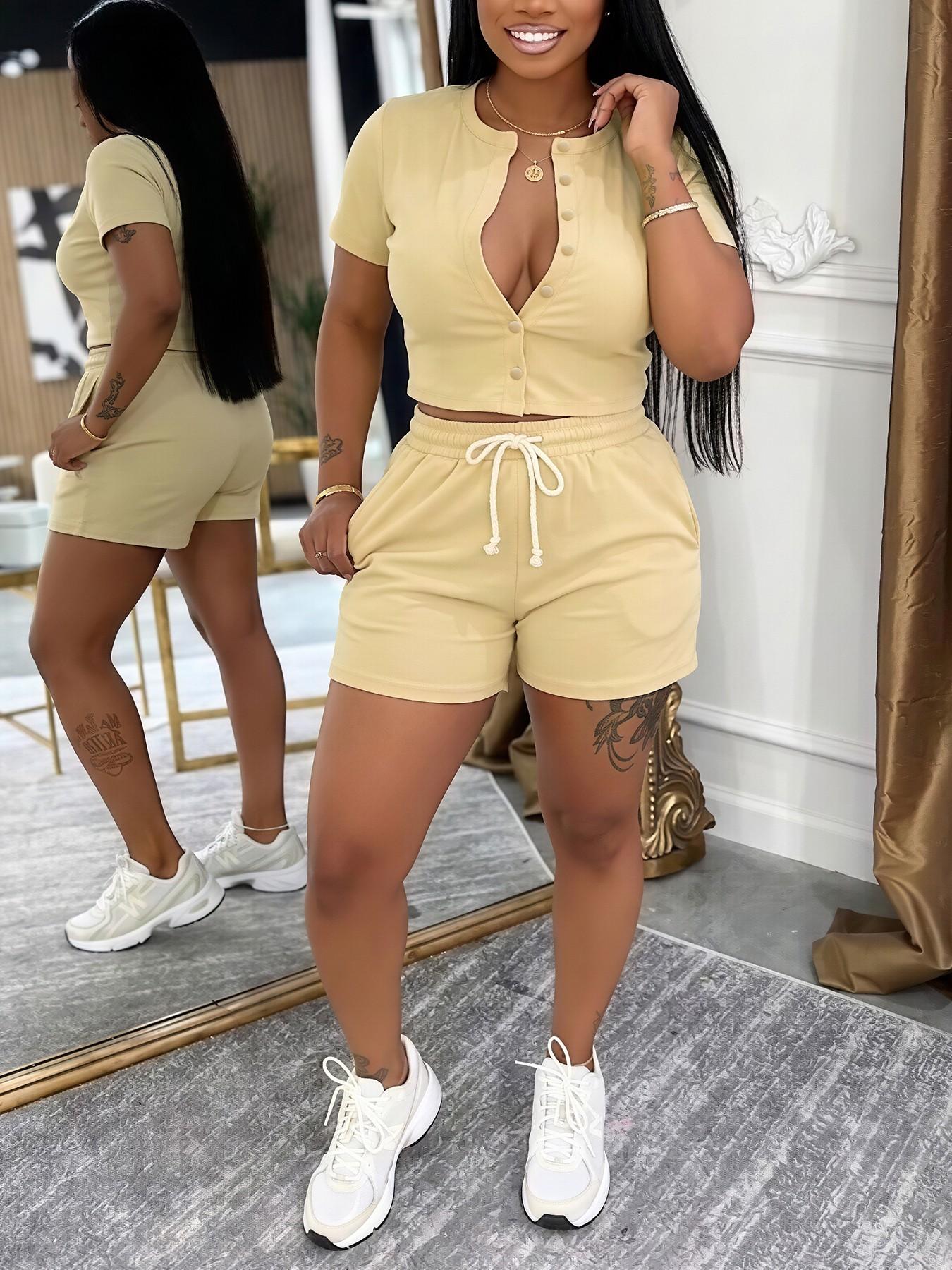 Women's Summer Casual 2-Piece Set Clothes, Short Sleeve Button-Up Top, High-Waisted Drawstring Shorts, Comfortable Slim Fit, Daily Wear, Matching Shorts Set