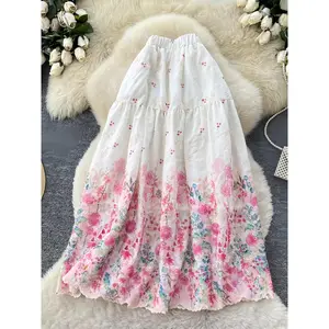 Women'S Embroidered Floral Print A-Line Midi Skirt, High-Waisted, Versatile, Unique Floral Patchwork Skirt