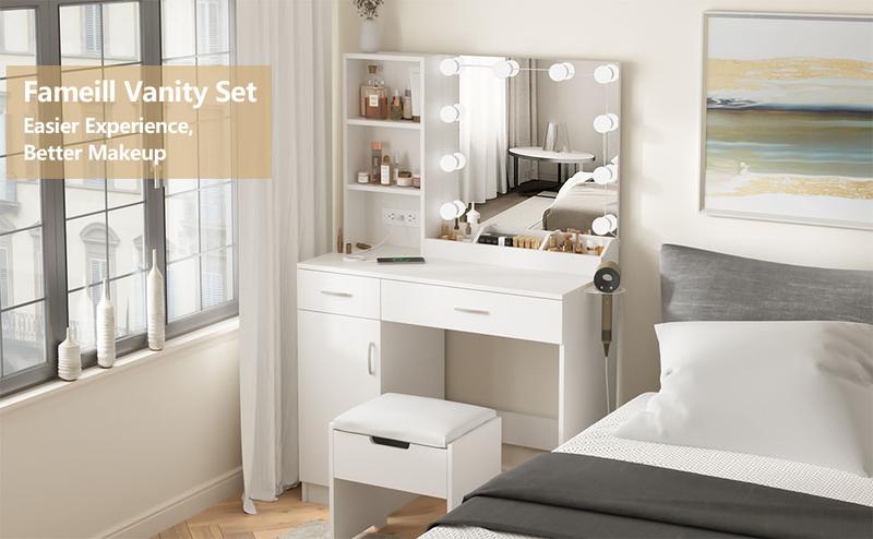 Vabches Vanity Desk with Mirror and Lights,Makeup Vanity with 2 Drawers Lots Storage,Vanity Table with Lighted Mirror,3 Lighting Colors, Brightness Adjustable,35in(L)