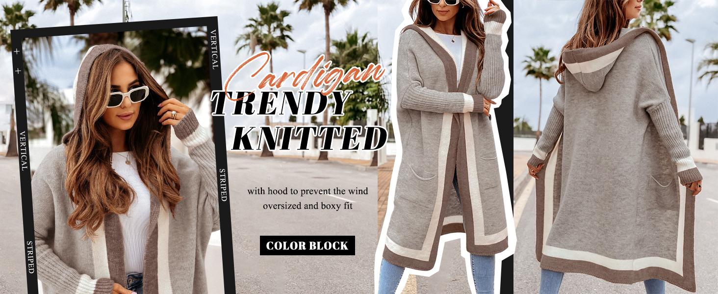 Chouyatou Women's Color Block Vertical Striped Open Front Oversized Hooded Long Cardigan Sweaters with Pockets Knitwear Tops SpringStatements Chouyatou Women's Color Block Vertical Striped Open Front Oversized Hooded Long Cardigan Sweaters with Pockets Knitwear Tops SpringStatements