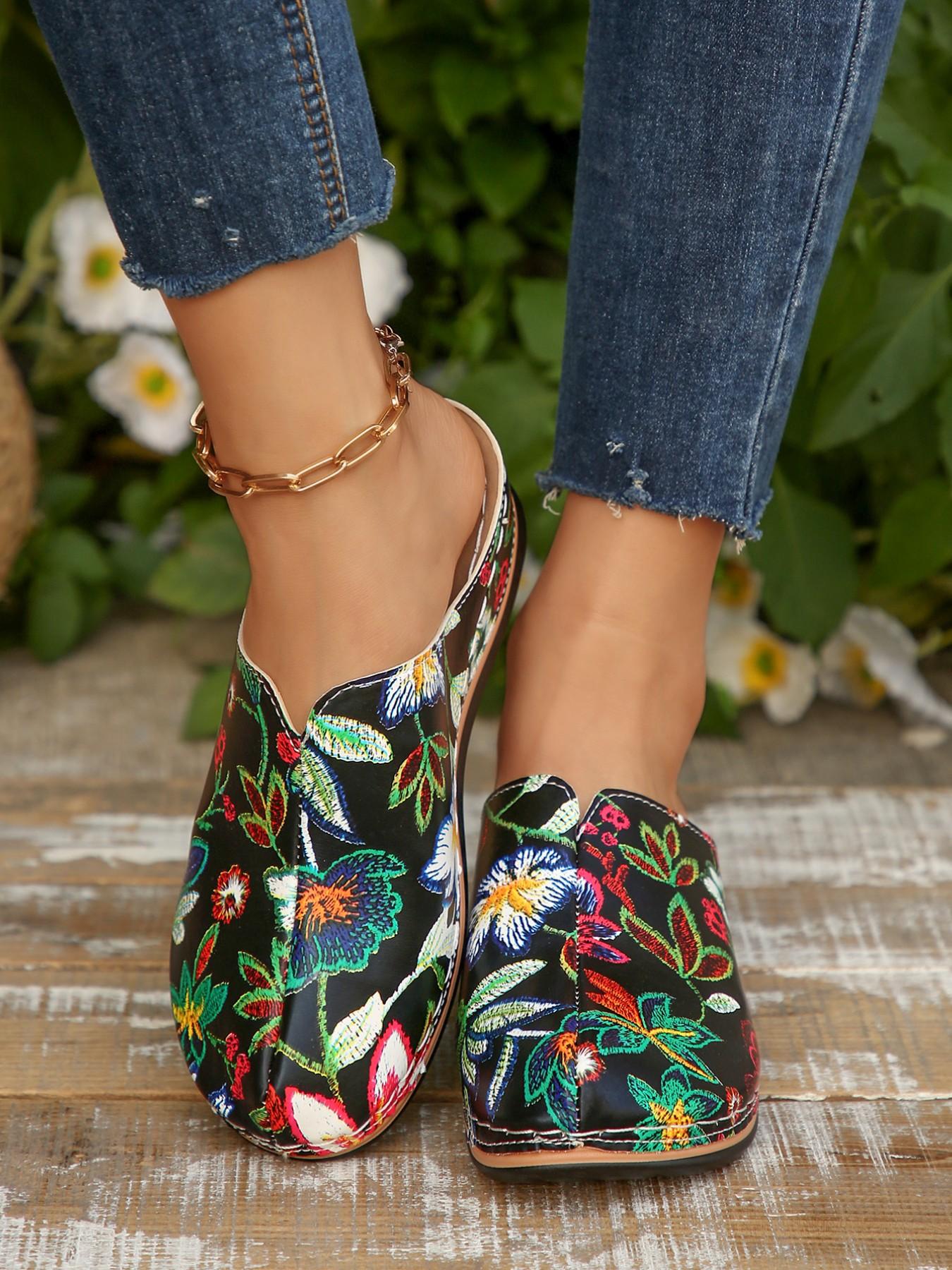 Vintage Floral Print Slip-On Mules, Rubber Sole Anti-Slip Durable, Easy One-Step On/off, Perfect for Commute, Streetwear, Vacation